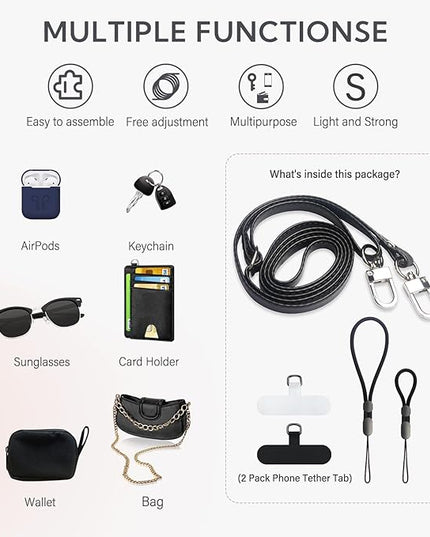 Crossbody Phone Strap with 2 Pads, Leather & Adjustable Finger Strap - Compatible with Most Smartphones (Black)