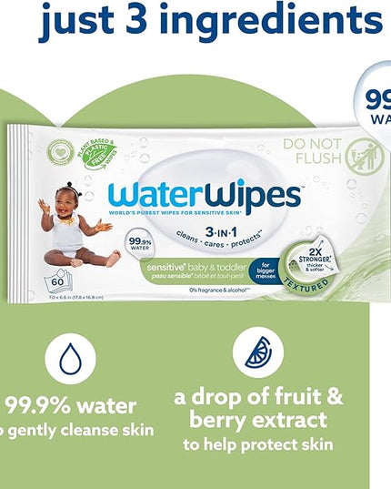 WaterWipes Sensitive+ Baby & Toddler Wipes, 3-In-1 Cleans, Cares, Protects, 99.9% Water, Textured Clean, Unscented & Hypoallergenic, 1080 Count (18 Packs)