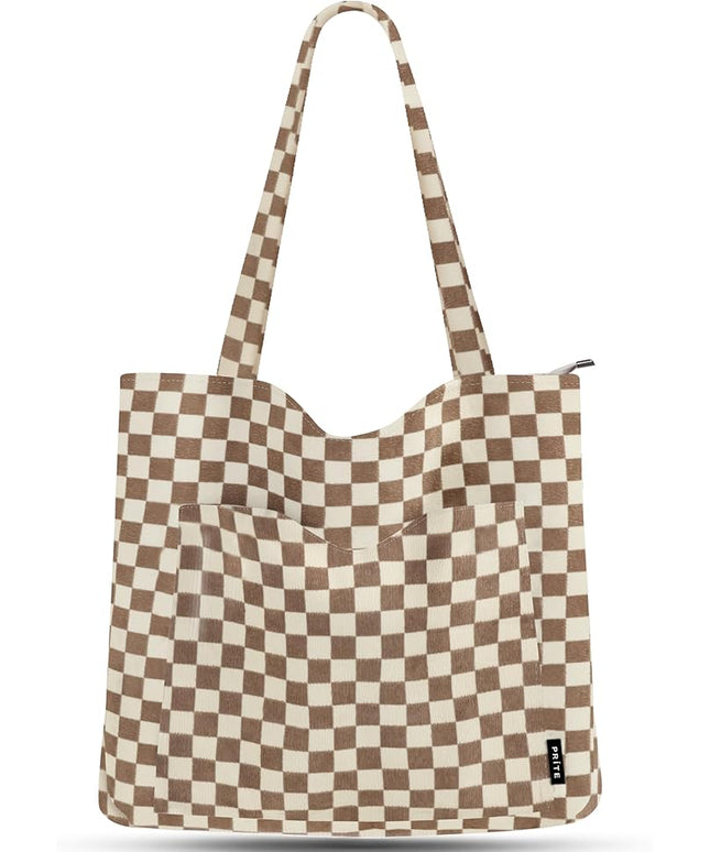 Prite Corduroy Tote Bag for Women Large Shoulder Bag with Zipper and Pockets for College Work Travel Shopping