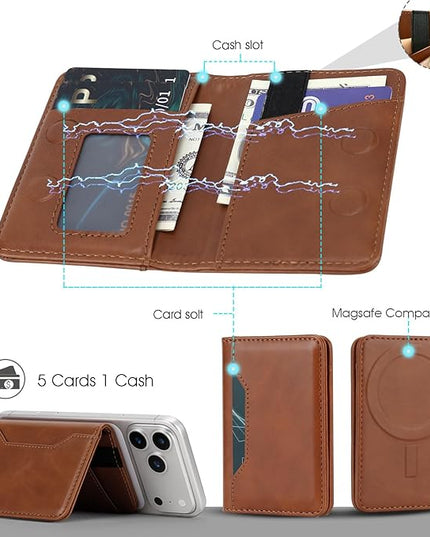 ASAPDOS For MagSafe Wallet,Magnetic Card Holder RFID Blocking Wallet with 5 Card Slots & Cash Pocket For iPhone 17/16/ 15/14/ 13/12/ Pro/Max/Plus/Air Brown