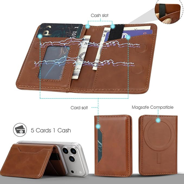 ASAPDOS For MagSafe Wallet,Magnetic Card Holder RFID Blocking Wallet with 5 Card Slots & Cash Pocket For iPhone 17/16/ 15/14/ 13/12/ Pro/Max/Plus/Air Brown