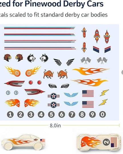 Derby Car Sticker Set for Pinewood Car Derby–Style Cars, Racing Numbers Flags Flames Animals Wings Lights Decals, Peel & Stick Waterproof Vinyl, 6 Sheets