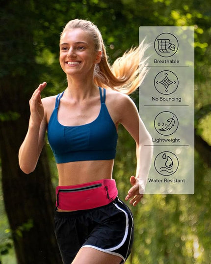 WATERFLY Running Belt Fanny Pack: Breathable 3 Pocket Waist Bag for Men Women Workout Exercise Fitness Phone Holder Fits All Phones - Runner Marathon Jogging Race Belt with Bib Clip Pink