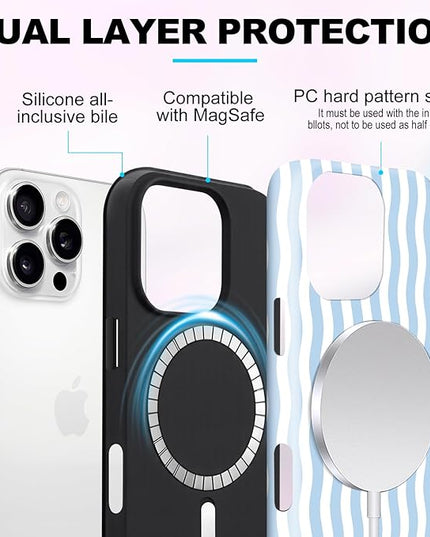 Magnetic for iPhone 16 Pro Case Cute Wavy Stripes Phone Case, Shockproof Slim TPU and Hard PC Protective Phone Cover Compatible with MagSafe Designed for Women Girls, Blue