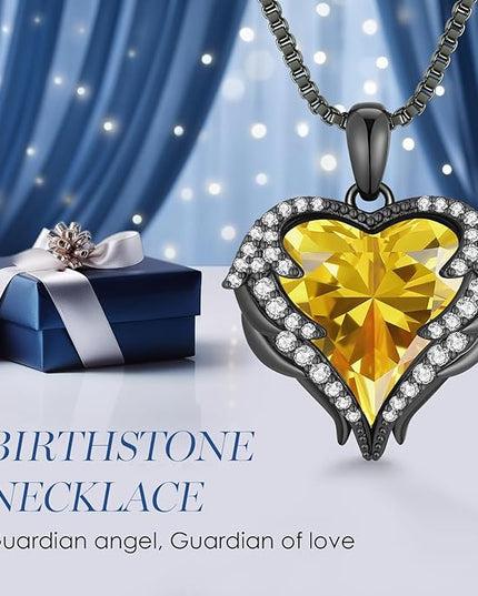 CDE Christmas Gifts for Women Angel Wings Necklace for Women with Birthstone, Love Heart Silver Tone/Gold Tone Pendant, Ideal Anniversary or Birthday Jewelry Gifts for Wife Girlfriend Her