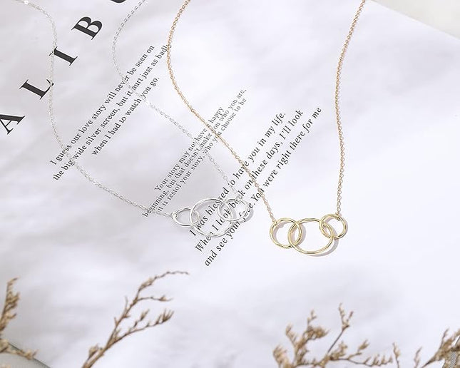 HOPE LOVE SHINE Birthday Necklace – Fashion Jewelry 16+2", 14K Gold Plated Sterling Silver with 3 Interlocking Rings, Hypoallergenic and Comfortable – A Thoughtful Choice for Birthday for Women