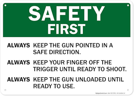 Safety First Always Keep The Gun Pointed In A Safe Direction Sign, 10x14 Inches, Rust Free .040 Aluminum, Fade Resistant, Made in USA by My Sign Center