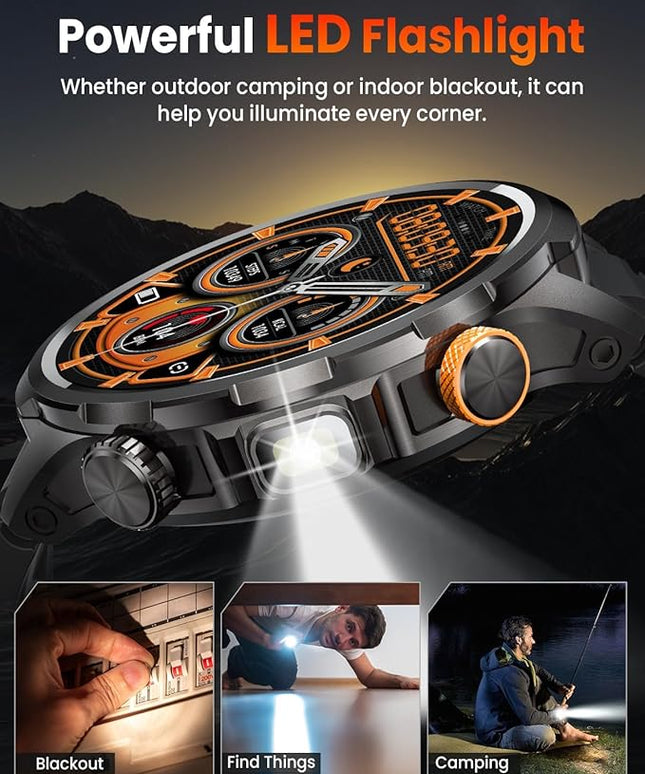 Military Smart Watches for Men, Smart Watch with 100 Days Battery/Flashlight/Heart Rate/Sleep/SpO2 Monitor/Calling/110+ Sports Mode, 5 ATM Rugged Men's Fitness Tracker Watch for Android iPhone(Black)
