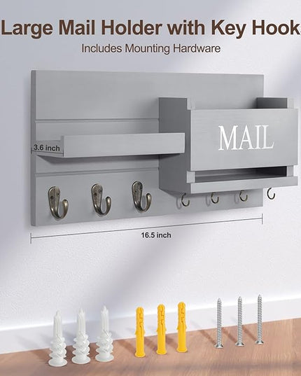 Lwenki Mail Organizer for Wall Mount – Key Holder with Shelf Includes Letter Holder and Hooks for Hallway Farmhouse Decor – Rustic Wood with Flush Mounting Hardware (16.5” x 9.1” x 3.4”) (Gray)