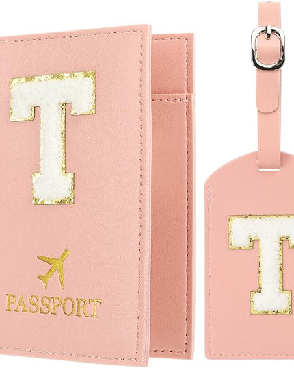 PATIKIL Passport Holder for Travel, Initial Passport Cover and Luggage Tag Set with Alphabet Chenille Letter Patch Travel Wallet Bag Suitcase Identifier for Women Family Travel Pink T