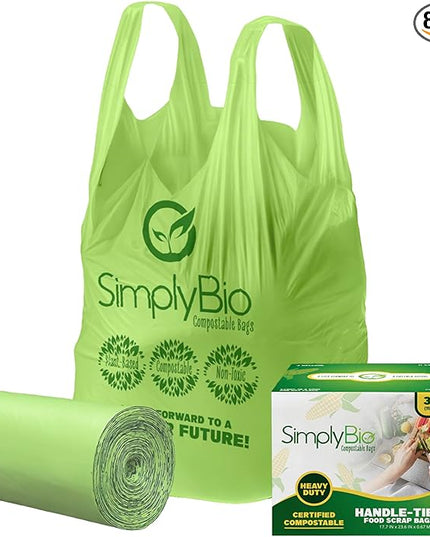 Simply Bio 3 Gallon Compostable Trash Bags Liners with Handle-Tie, Thick 0.67 Mil, 11.36 Liter, 80 Bags, Small Kitchen Food Scrap Waste Bag, ASTM D6400, US BPI and OK Compost Home Certified
