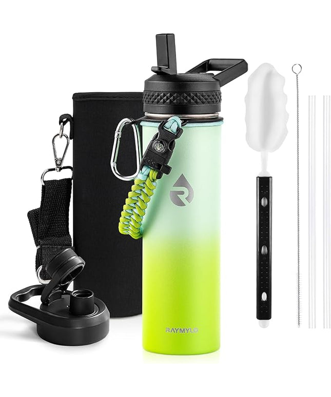 Insulated Water Bottle 20 oz, Triple Wall Vacuum Stainless Steel (Cold for 48 Hrs), Leak Proof & Non-BPA, Kids Water Bottle Jug for School with Straw Spout Lids, Ombre Green