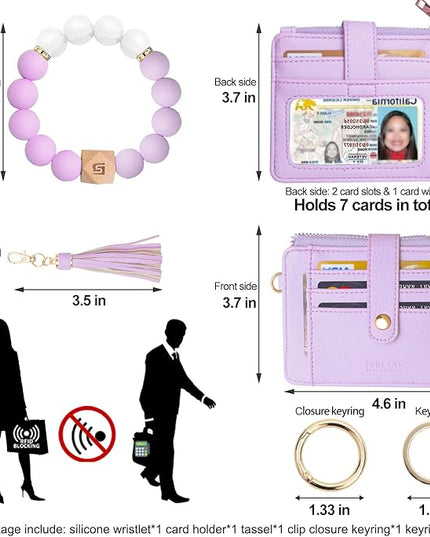 COOLANS Silicone Bracelet Wristlet Wallet Credit Card Holder RFID,ID Window,Key Ring Tassel,Slim Wallet Women Keychain Purse