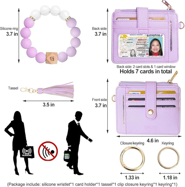 COOLANS Silicone Bracelet Wristlet Wallet Credit Card Holder RFID,ID Window,Key Ring Tassel,Slim Wallet Women Keychain Purse
