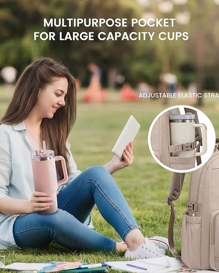 LOVEVOOK Laptop Backpack for Women with Pouch Pocket for Large Capacity Cup,15.6 Inch Laptop Computer Bag Travel Backpack Purse,Waterproof Work Business Backpack College Teacher Bags,Nude