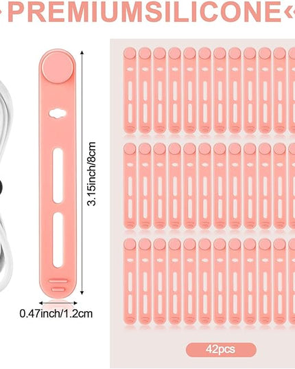 42 Pcs Silicone Cable Ties Reusable Cord Straps Multipurpose Elastic Cable Organizer for Bundling Fastening Earphone Phone Charger Home Office School (Pink,3.15 Inch)