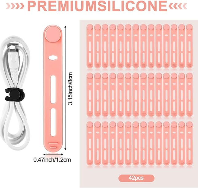 42 Pcs Silicone Cable Ties Reusable Cord Straps Multipurpose Elastic Cable Organizer for Bundling Fastening Earphone Phone Charger Home Office School (Pink,3.15 Inch)