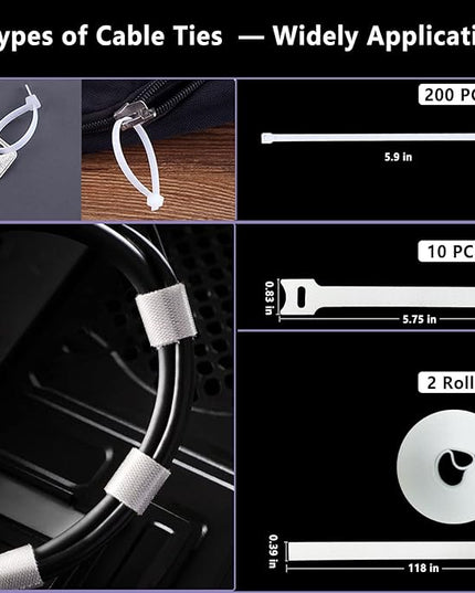 White Cable Management Organizer Kit 4 Cable Sleeve Split,47Cable Clips 12Cord Clips Holder,22 Cable Ties, 20 Adhesive Wall Cable Tie, 200Fasten Cable Ties for TV Electronics