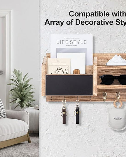 Lwenki Mail and Key Holder – Wall Mount Key Hanger with Shelf and 7 Metal Hooks – Decorative Natural Paulownia Wood Entryway Organizer with Mounting Hardware (16.5”W x 8.7”H x 3.5”D) (Wood)