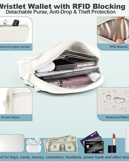 Clip and Go Strap for Phone with Wallet Crossbody, Adjustable Phone Lanyard with Detachable RFID Wristlet Wallet, Pattern Strap - Cream&Silver (L)