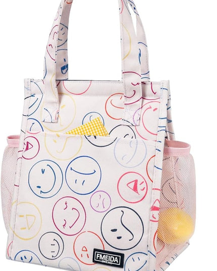 Fmeida Insulated Lunch Bag Women, 6.75L Small Lunch Bags with Multiple Pockets, Reusable Thermal Cooler Tote for Work, Office, Picnic, Travel | Hook and Loop Closure, Smile Face