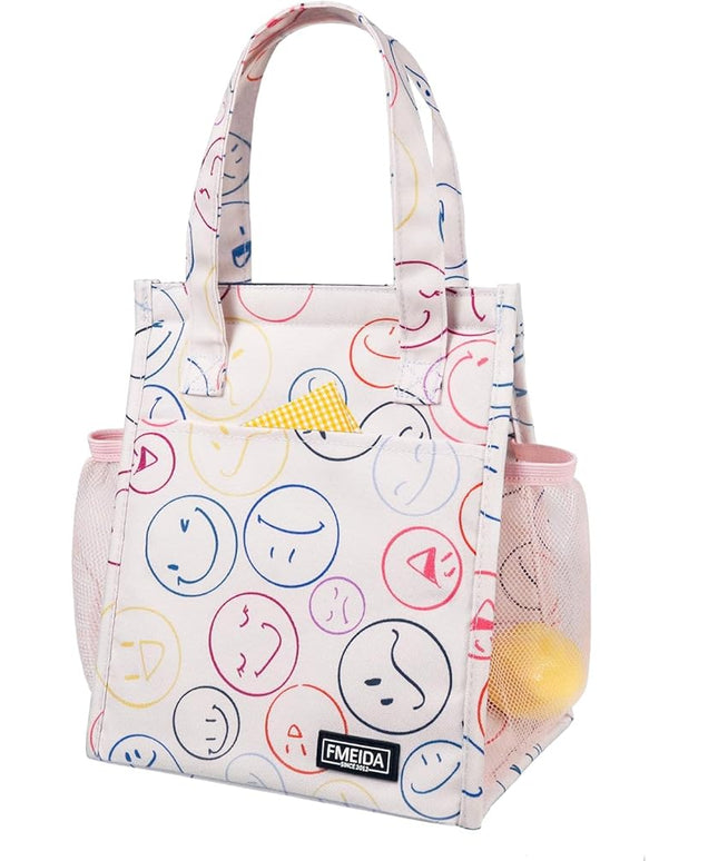 Fmeida Insulated Lunch Bag Women, 6.75L Small Lunch Bags with Multiple Pockets, Reusable Thermal Cooler Tote for Work, Office, Picnic, Travel | Hook and Loop Closure, Smile Face