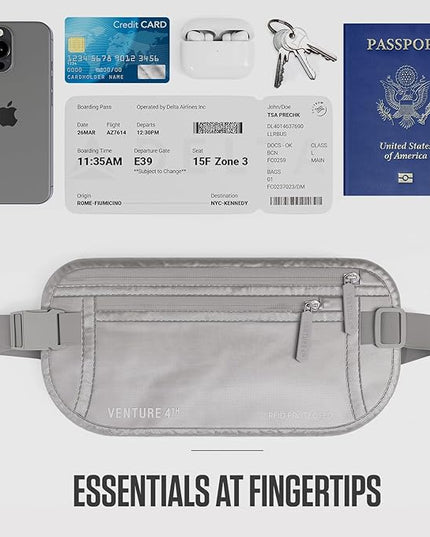 VENTURE 4TH Money Belt for Travel – Hidden Under-Clothes RFID Blocking Passport Holder & Slim Travel Wallet Pouch for Men & Women to Protect Cash, Cards & Documents (Sleek Silver)