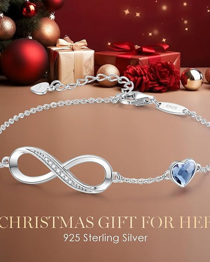CDE Valentine's Day Gift Infinity Heart Birthstone Charm Link Bracelet for Women 925 Sterling Silver Adjustable Mother's Day Christmas Day Gift Anniversary Birthday Jewelry for Wife Girlfriend Her