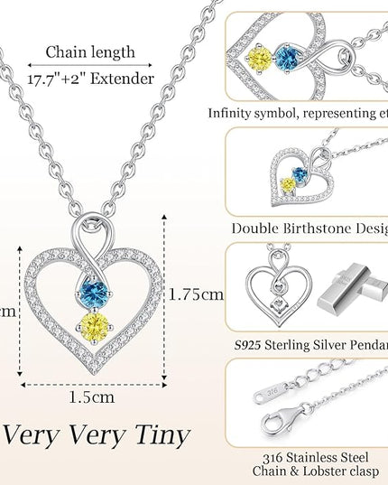 LOUISA SECRET Infinity Double Birthstone Necklace, 925 Sterling Silver Tiny Pendant Heart Necklace for Women Wife Her, Best Jewelry Gift Heart Jewelry Meaningful Gift for Valentine's Day, Christmas, Birthday Anniversary