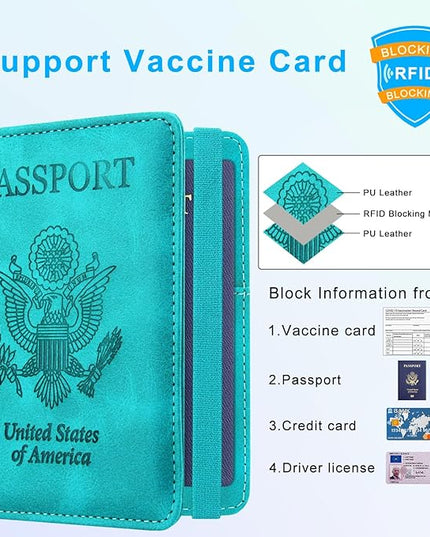 ACdream Passport and Vaccine Card Holder Combo, Cover Case with CDC Vaccination Card Slot, Leather Travel Documents Organizer Protector, with RFID Blocking, for Women and Men, C - Sky Blue, Fashion