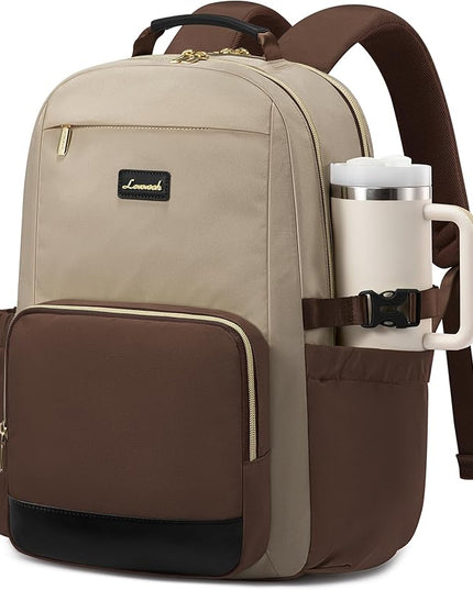 LOVEVOOK Laptop Backpack for Women with Pouch Pocket for Large Capacity Cup,15.6 Inch Teacher Nurse College Work Backpack Purse,Waterproof Laptop Bag Computer Back Pack for Travel, Khaki-Coffee-Black