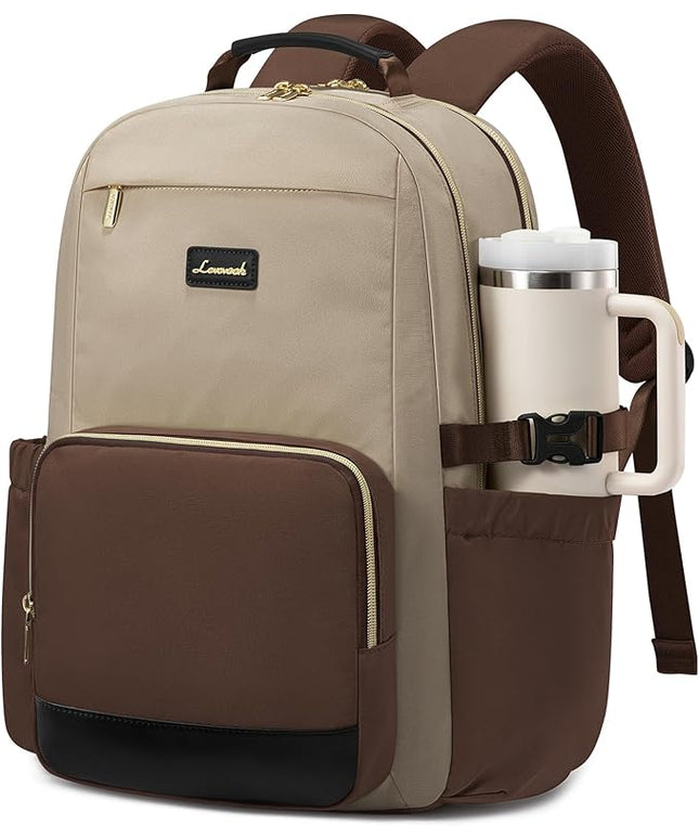 LOVEVOOK Laptop Backpack for Women with Pouch Pocket for Large Capacity Cup,15.6 Inch Teacher Nurse College Work Backpack Purse,Waterproof Laptop Bag Computer Back Pack for Travel, Khaki-Coffee-Black