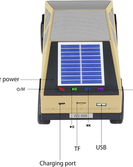 WS-699 Solar Bluetooth Replica Speaker – Future Pickup Truck Design, HD Sound, TWS Stereo Pairing, FM Radio, LED Party Light, USB/TF Playback, Hands-Free Mic, Type-C Charging, Portable Gift (Gold)