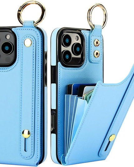 Folosu for iPhone 16 Pro Max Wallet Case with Card Holder, Hand Wrist Strap Loop Holder Kickstand, RFID Blocking Finger Grip Ring PU Leather Double Buttons Shockproof Cover 6.9" Blue