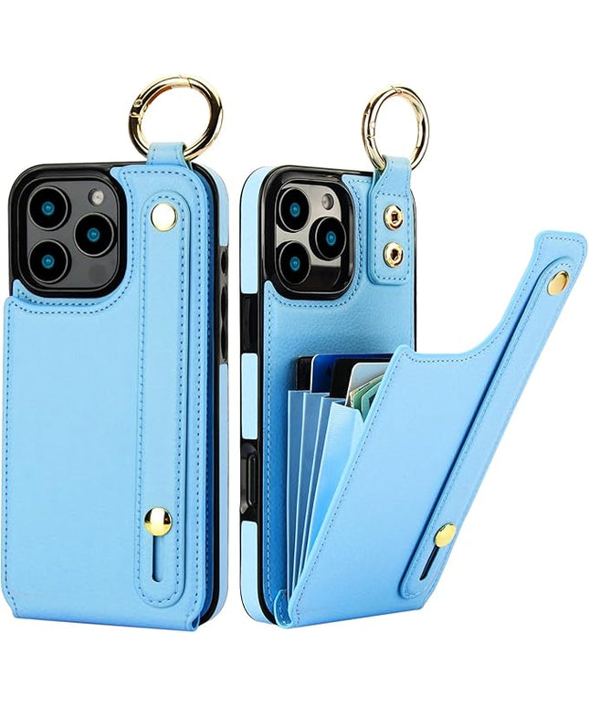 Folosu for iPhone 16 Pro Max Wallet Case with Card Holder, Hand Wrist Strap Loop Holder Kickstand, RFID Blocking Finger Grip Ring PU Leather Double Buttons Shockproof Cover 6.9" Blue