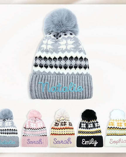 Personalized Beanie for Women Custom Knit with Name, Winter Hat with Pom Pom, Soft Lined Warm Hat, Birthday Gift
