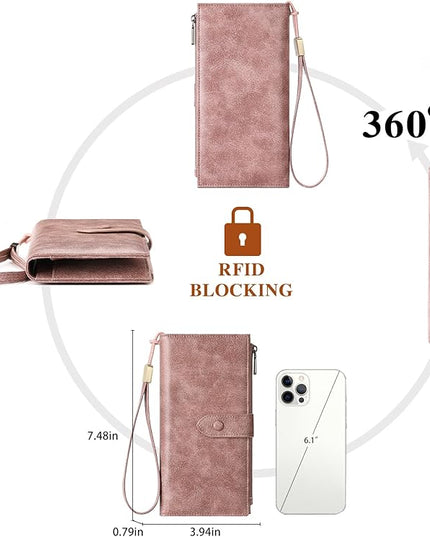 SENDEFN Wallet for Women RFID Blocking Leather Clutch Long Purse Large Capacity Credit Card Holder Wristlet