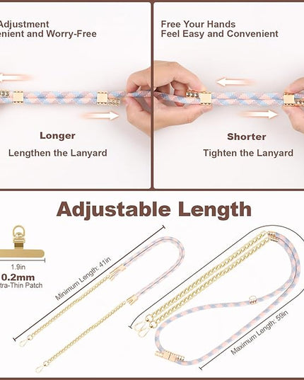 Universal Phone Strap, Metal Cell Phone Chain & Bule Pink Braided Phone Lanyard Combination for iPhone 17, 16 Series and Most Smartphones, Stylish and Durable, Bule Pink