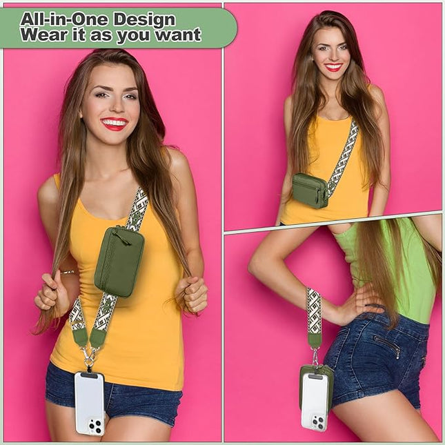 Clip and Go Strap for Phone with Wallet Crossbody, Adjustable Phone Lanyard with Detachable RFID Wristlet Wallet, Pattern Strap - Olive Green(M)