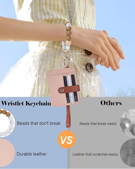 Keychain Wallet with Bracelet RFID Blocking Wristlet Credit Purse Card Holder, Silicone Bead Tassel Key Ring for Women