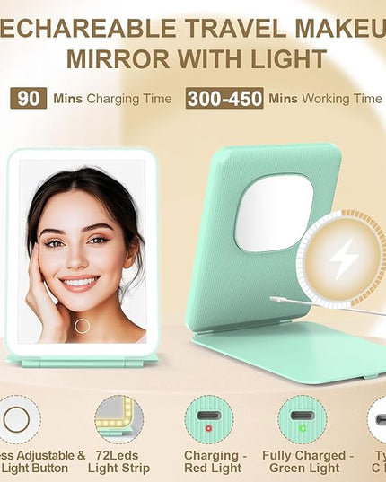 Mocado LED Foldable Travel Makeup Mirror - 5x7 inches3 Colors Light Modes USB Rechargeable Touch Screen, Portable Tabletop Cosmetic Mirror for Travel, Cosmetic, Office (Green)