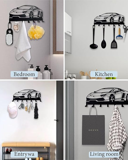 ShowMtheM Metal Car Key Holder for Wall,Metal Key Organizer Wall Decorative with 7 Hooks,Black Wall Mount Key Holder for Entryway,Front Door,Hallway,Office