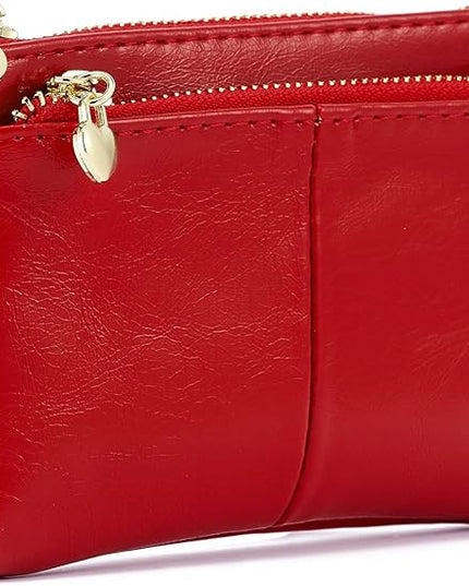 ZOOEASS Women PU Leather Zip Mini Coin Purse With Key Ring Triple Zipper Card Holder Wallet(Red)