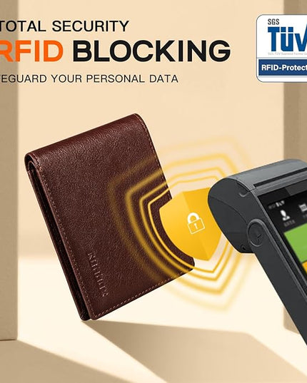 RUNBOX Wallet for Men Slim Leather Bifold RFID Blocking Minimalist Front Pocket Design with Gift Box