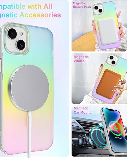 Cute Case for iPhone 14 Plus & iPhone 15 Plus Case for Women Girls [Compatible with Magsafe] Aesthetic Girly Glitter Rainbow Magnetic Protective Phone Cover, Translucent Iridescent Blue Pink