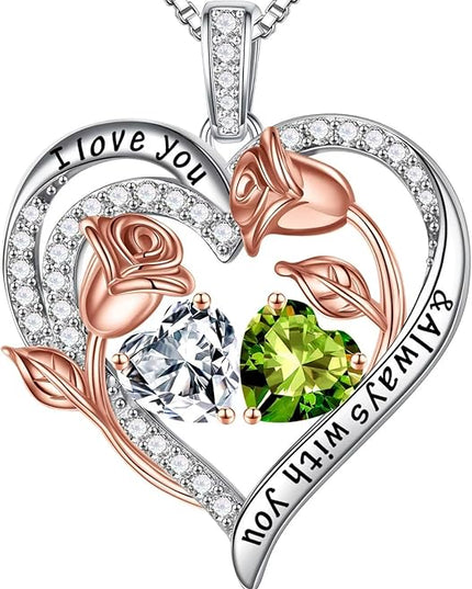Iefil Christmas Gifts for Women Wife - 925 Sterling Silver Rose Heart Birthstone Necklace Birthday Anniversary Jewelry Gifts for Her Wife Mom Daughter