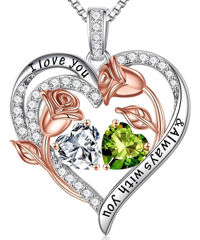 Iefil Christmas Gifts for Women Wife - 925 Sterling Silver Rose Heart Birthstone Necklace Birthday Anniversary Jewelry Gifts for Her Wife Mom Daughter