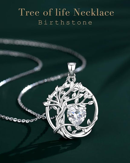 FANCIME Tree of life Birthstone necklace Sterling Silver Pendant Birthstone Necklace Gemstone Anniversary Birthday Jewelry Christmas Gifts for Mom Her Wife