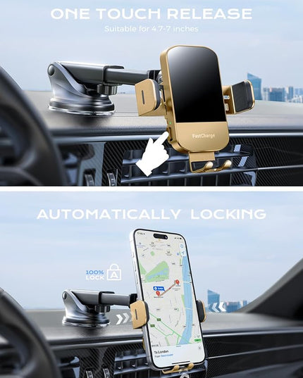 CHGeek Wireless Car Charger, 15W Fast Charging Auto Clamping Car Charger Phone Mount Phone Holder fit for iPhone 15 14 13 12 11 Pro Max Xs, Samsung Galaxy S25 Ultra S24 S23 S22, S21, S20, Golden