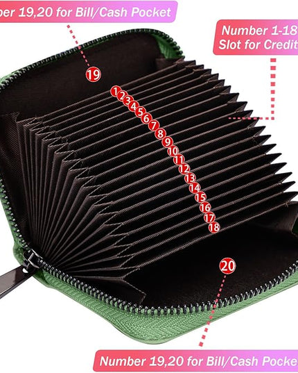 Linno RFID 20 Slots Credit Card Holder Genuine Leather Small Wallet for Women or Men with Zipper